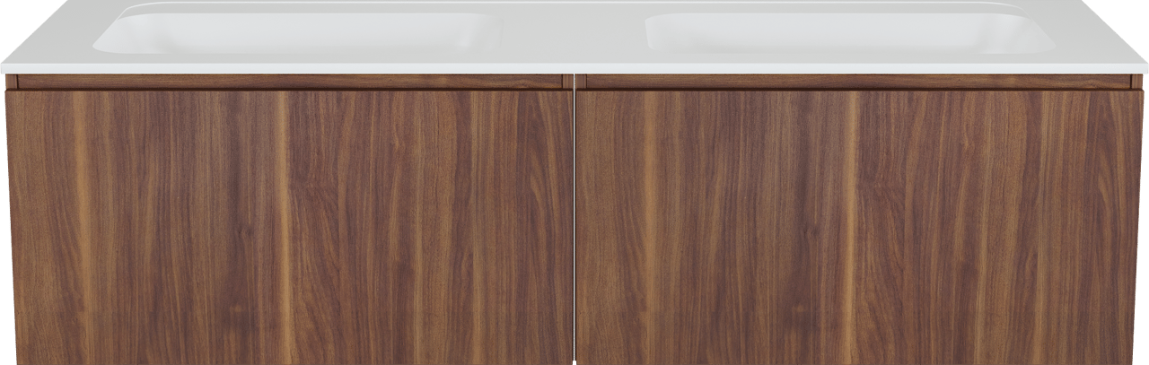 Balmani Sfera zwevend badkamermeubel 180 x 55 cm amerikaanse notelaar met Tablo Strada dubbele wastafel in composietmarmer mat wit