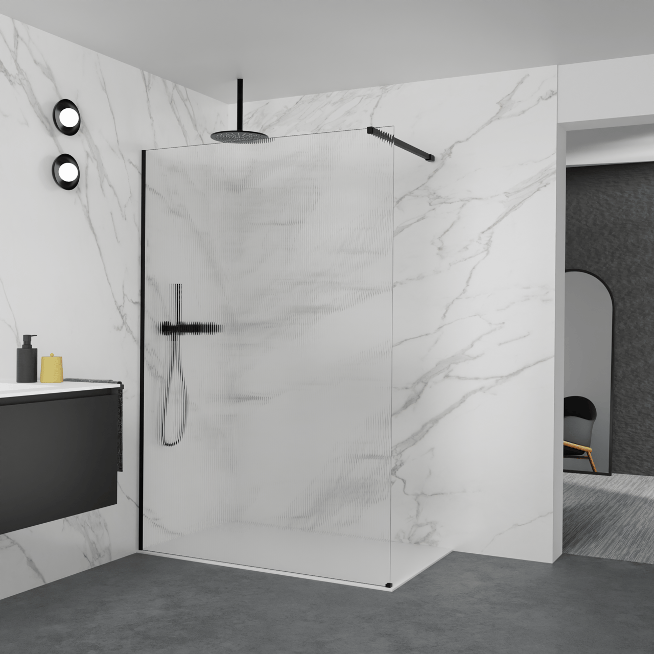 Balmani Modular Walk-In Dusche: 140 x 200 cm, Ribs, inklusive Coating, Profil Schwarz matt
