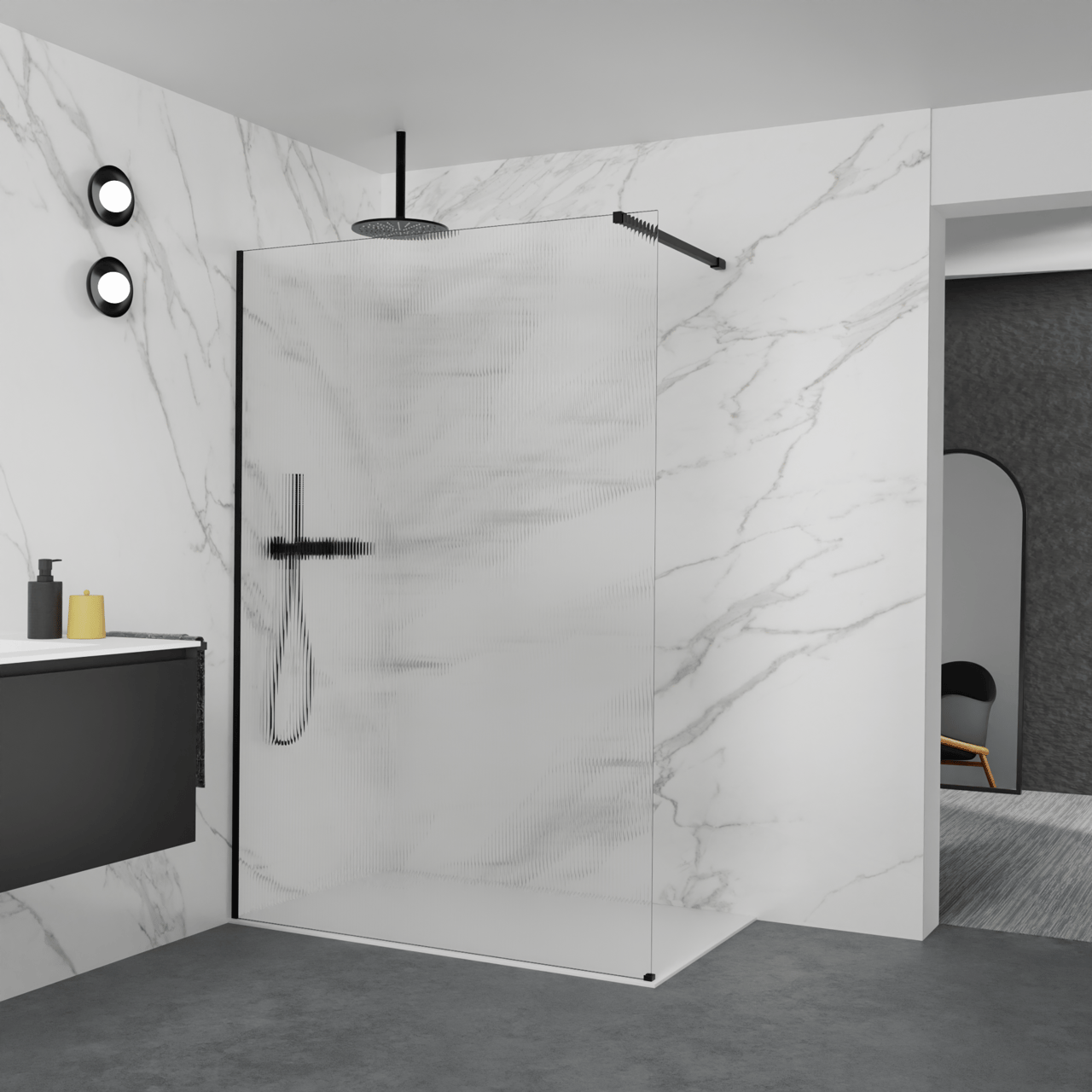 Balmani Modular Walk-In Dusche: 140 x 200 cm, Ribs, inklusive Coating, Profil Schwarz matt