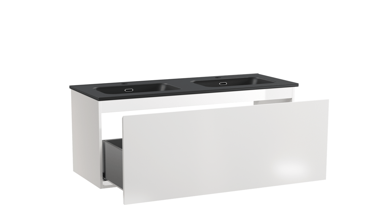 Linie Lado hängendes Möbelstück Set: 120 x 46 cm, Weiß glänzend, mit Baro Doppelwaschtisch, Porzellan Schwarz matt