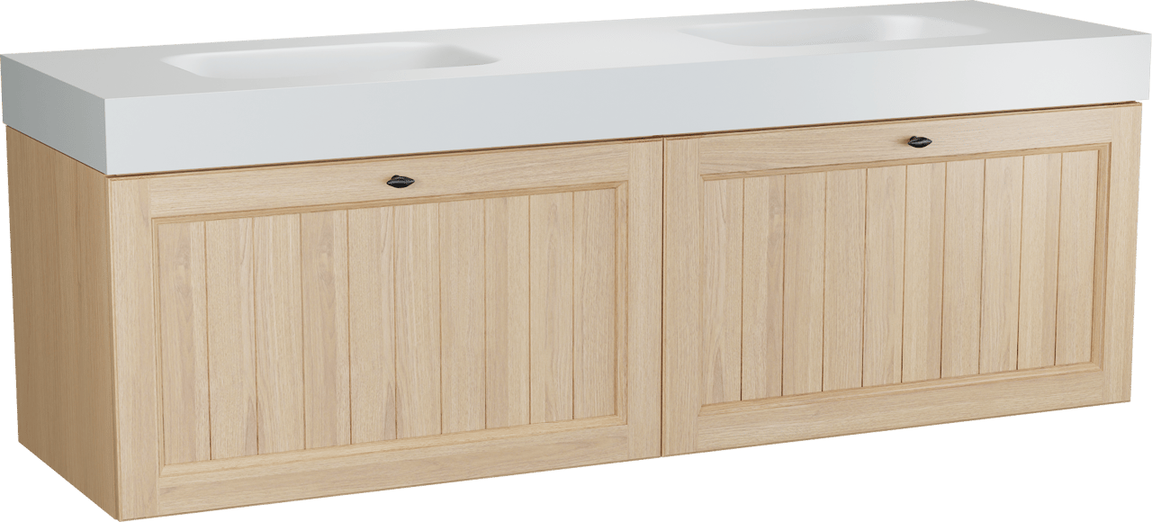 Balmani Lemon meuble salle de bains suspendu 180 x 55 cm, plaqué chêne naturel avec Arcato double vasque en blanc mat