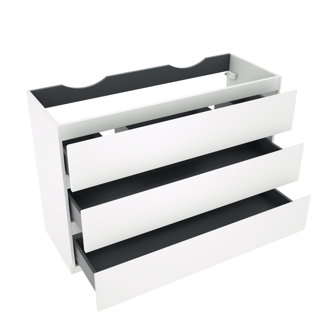 Linie Lado stehender Waschbeckenunterschrank: 120 x 46 cm, Weiß matt, 3 Schubladen, 2 Siphonaussparungen