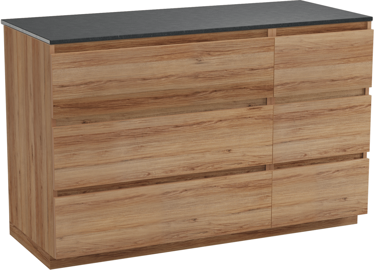 Balmani Lucida staand badkamermeubel 135 x 55 cm teak met Stretto enkel of dubbel tablet in graniet zwart
