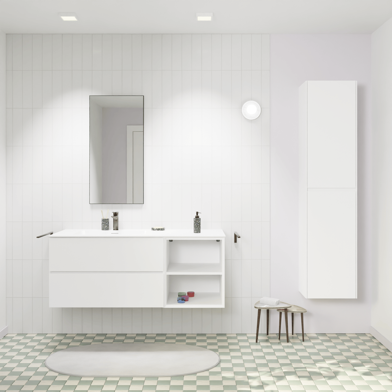 Storke Edge hängendes Möbelstück Set: 130 x 52 cm, Weiß matt, mit Mata Waschtisch links, Solid Surface Weiß matt