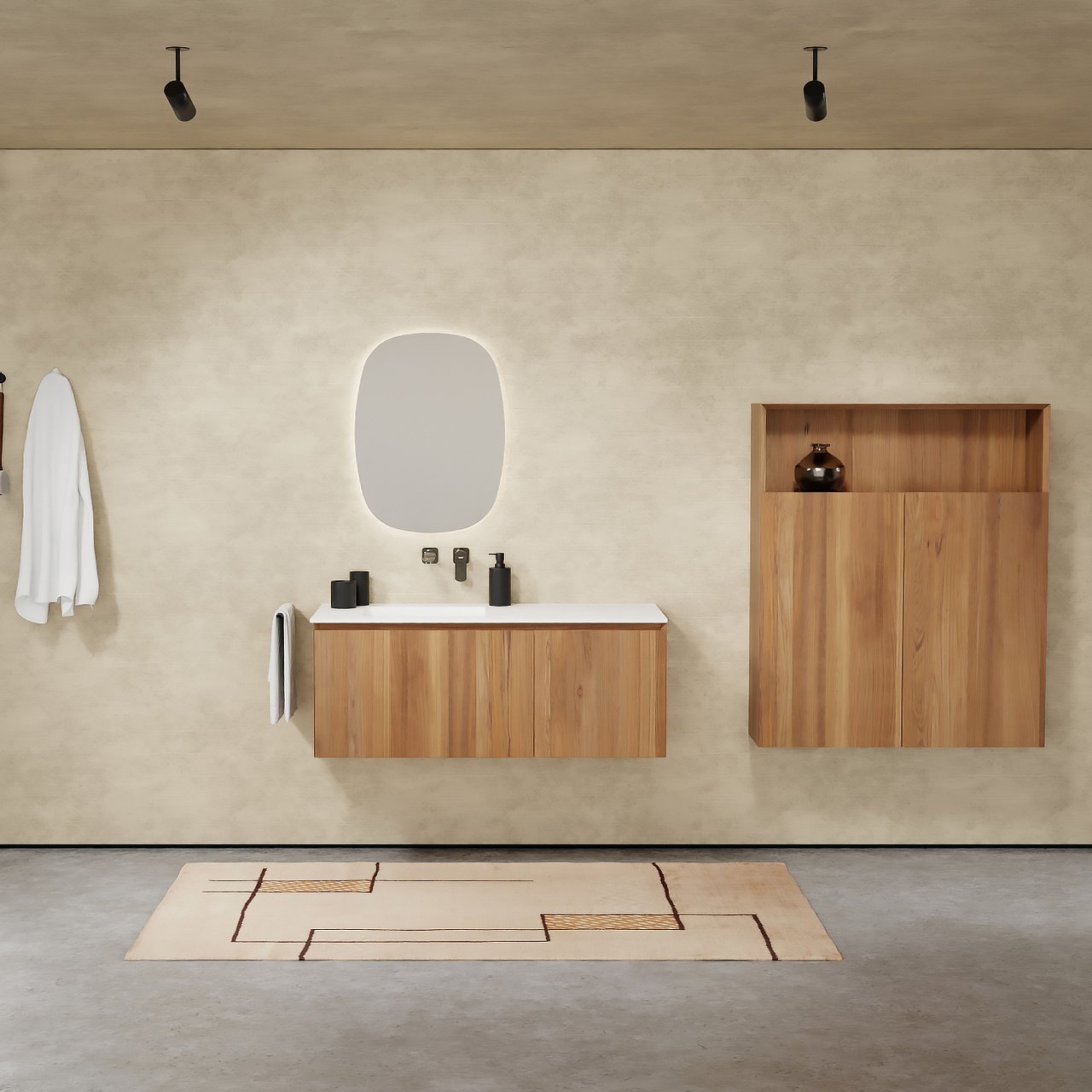 Balmani Idra meuble salle de bains suspendu 120 x 55 cm teck avec Tablo Arcato plan vasque asymétrique à gauche en solid surface blanc mat