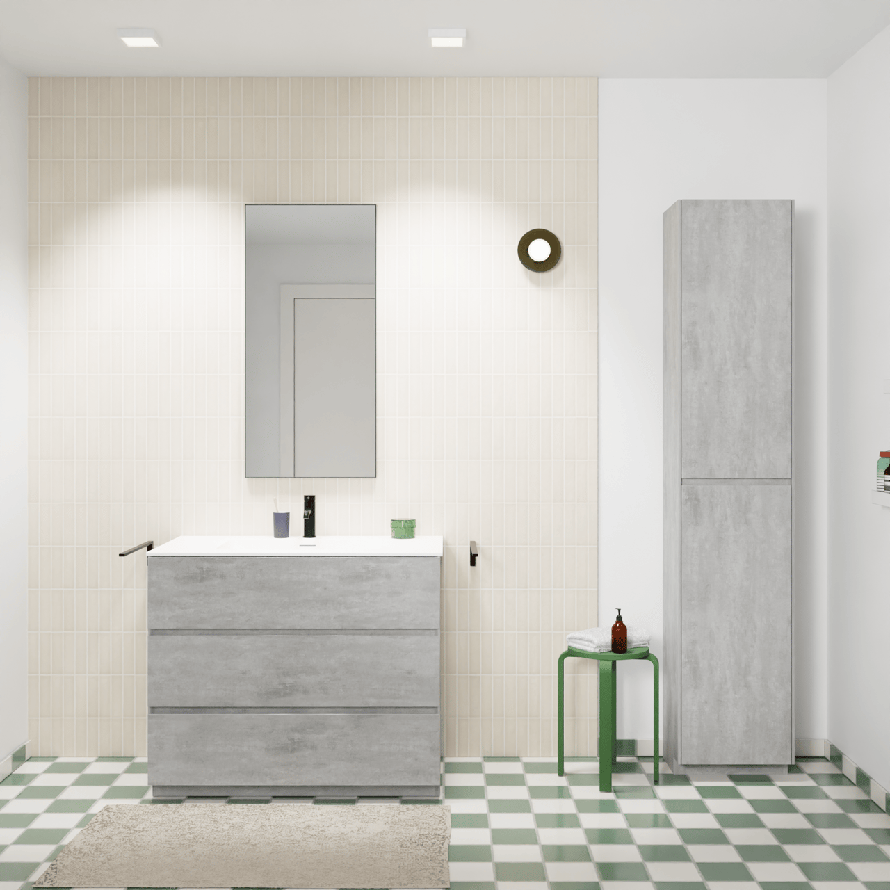 Storke Edge freistehendes Möbelstück Set: 95 x 52 cm, Beton dunkelgrau, mit Mata Einzelwaschtisch, Solid Surface Weiß matt