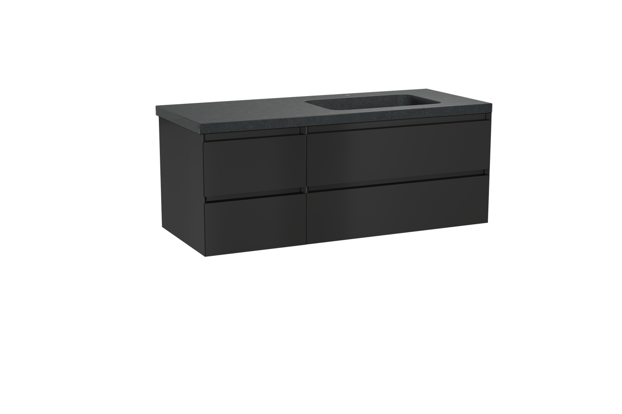 Balmani Mitra hängendes Möbelstück Set: 135 x 55 cm, Schwarz matt, mit Napoli Waschtisch rechts, Schwarzes Granit