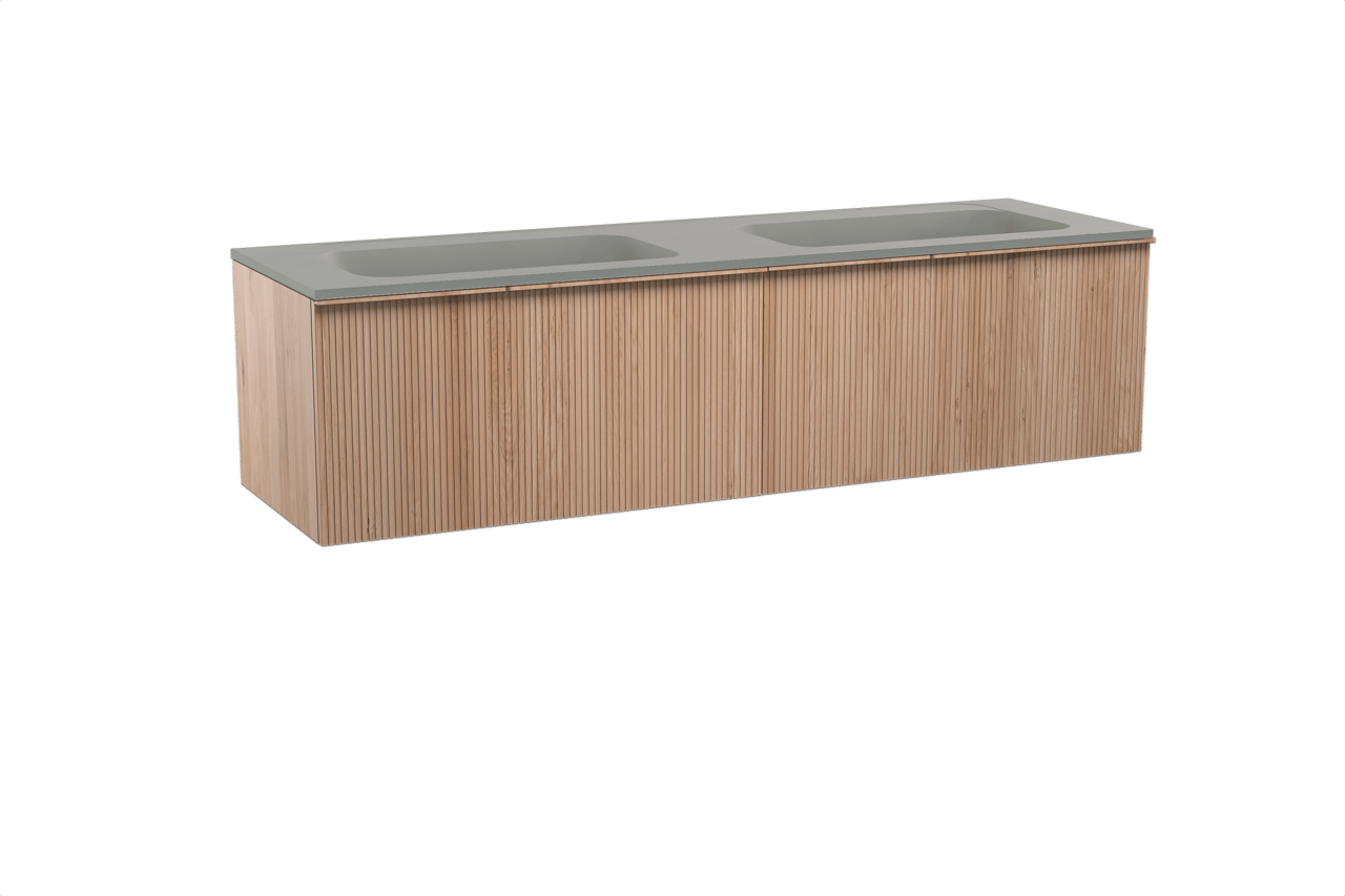 Balmani Forma zwevend badkamermeubel 180 x 55 cm natuur eik met Tablo Strada dubbele wastafel in composietmarmer zijdegrijs, Verticale symmetrische rechte ribbel