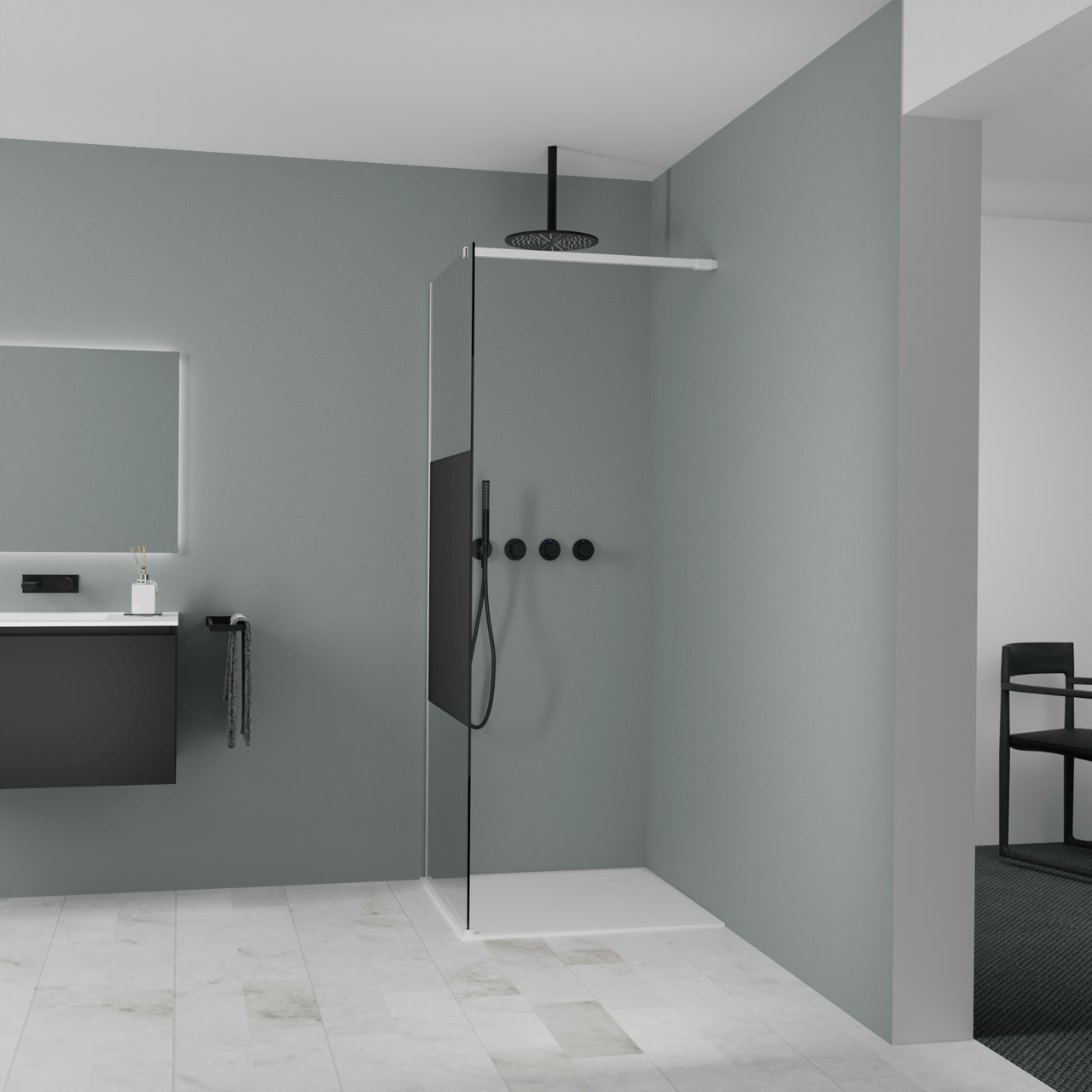 Balmani Modular douche à l'italienne: 80 x 200 cm, Verre fumé avec bande matte, avec coating, Profil Blanc mat
