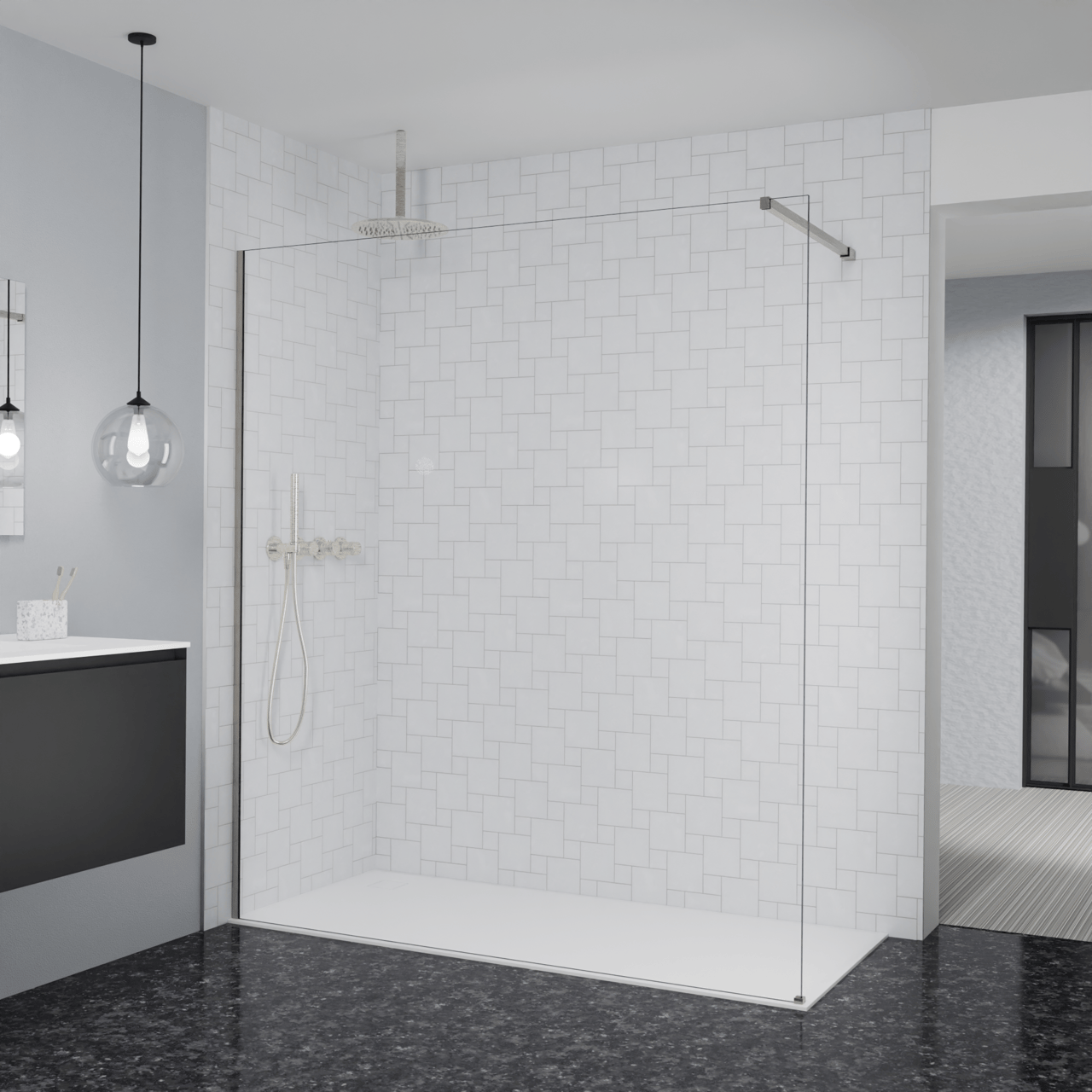 Balmani Modular Walk-In Dusche: 180 x 200 cm, Extra Klarglas, inklusive Coating, Profil Brushed CoolMetal