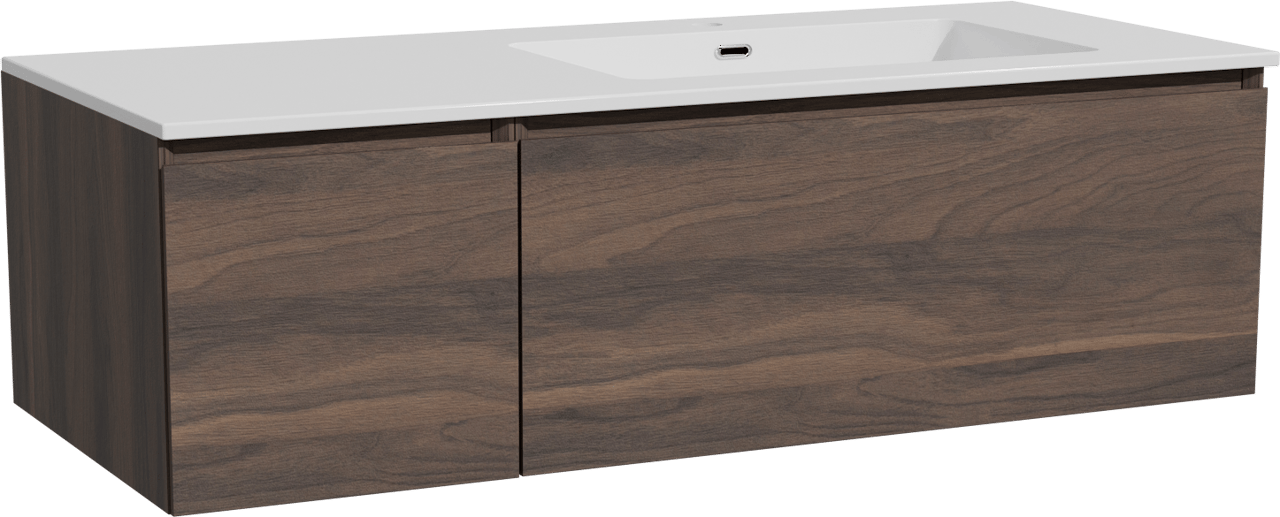 Storke Edge meuble salle de bains suspendu 120 x 52 cm noyer avec Diva vasque asymétrique droite en marbre composite blanc brillant