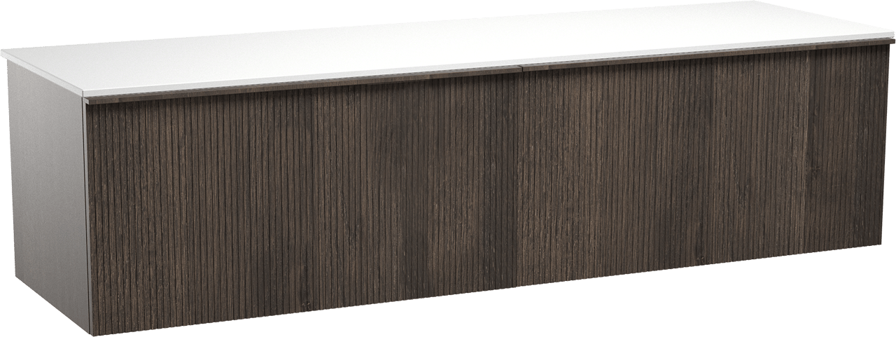 Balmani Forma zwevend badmeubel 180 x 55 cm gerookt eiken met Stretto enkel of dubbel wastafelblad in solid surface mat wit, Verticale symmetrische rechte ribbel