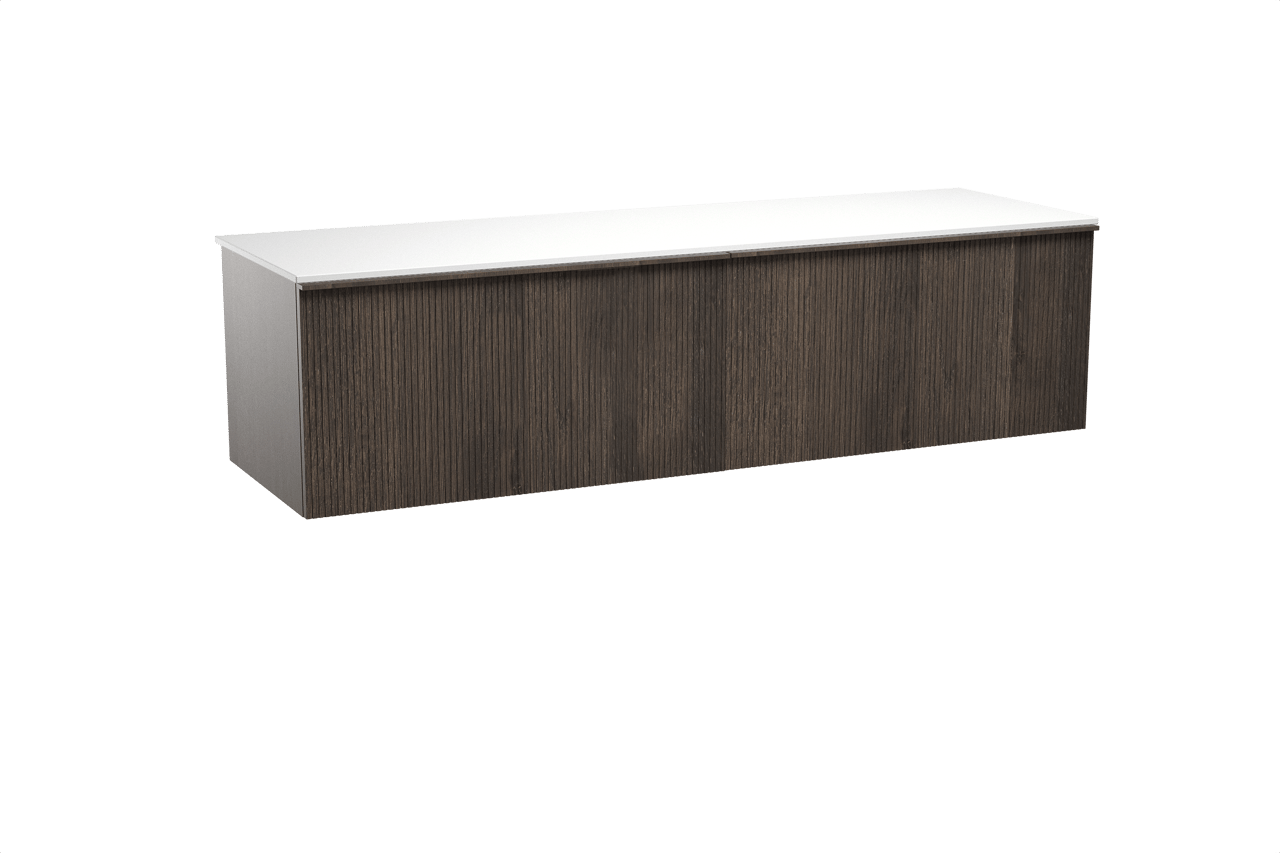 Balmani Forma hängendes Möbelstück Set: 180 x 55 cm, Geräucherte Eiche, mit Stretto Einzel- oder Doppel Waschtischplatte, Solid Surface, Weiß matt, Vertikale symmetrische gerade Rippe