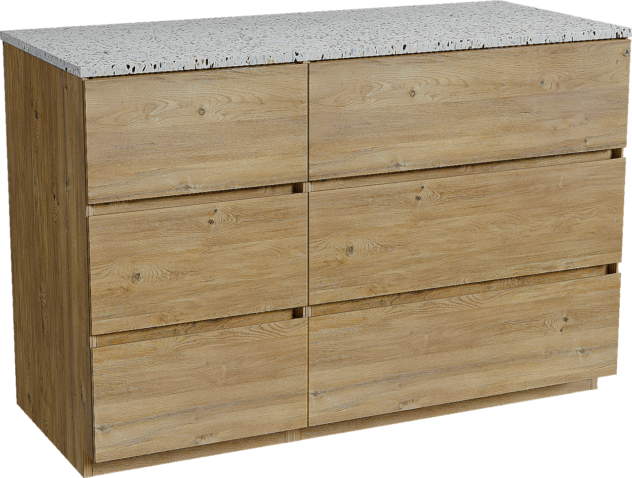 Storke Edge freistehendes Möbelstück Set: 120 x 52 cm, Rohe Eiche, mit Tavola Einzel- oder Doppel Waschtischplatte, Terrazzo in Weiß/Schwarz matt