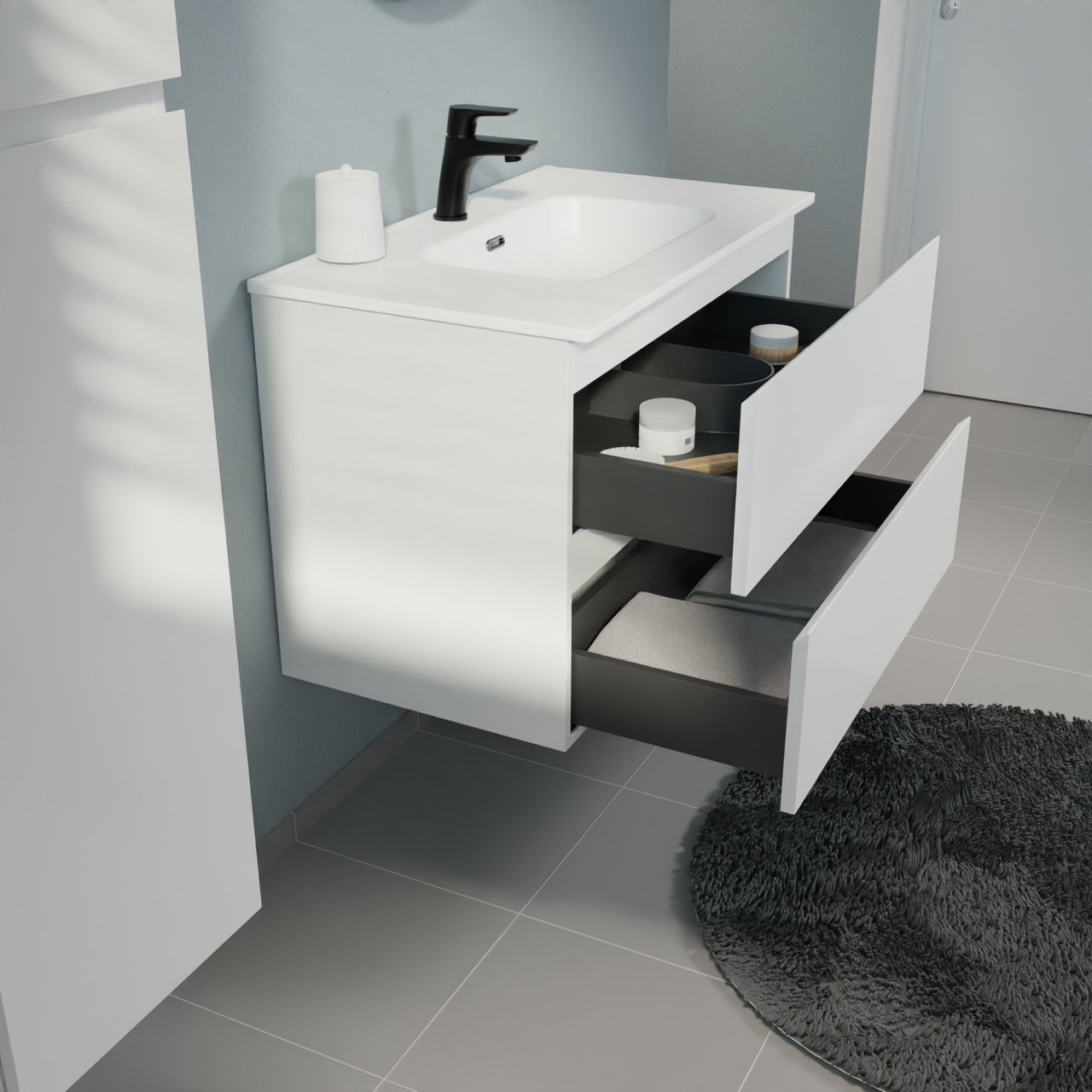 Linie Lado meuble salle de bains suspendu 80 x 46 cm blanc mat avec Baro plan simple en porcelaine blanc mat