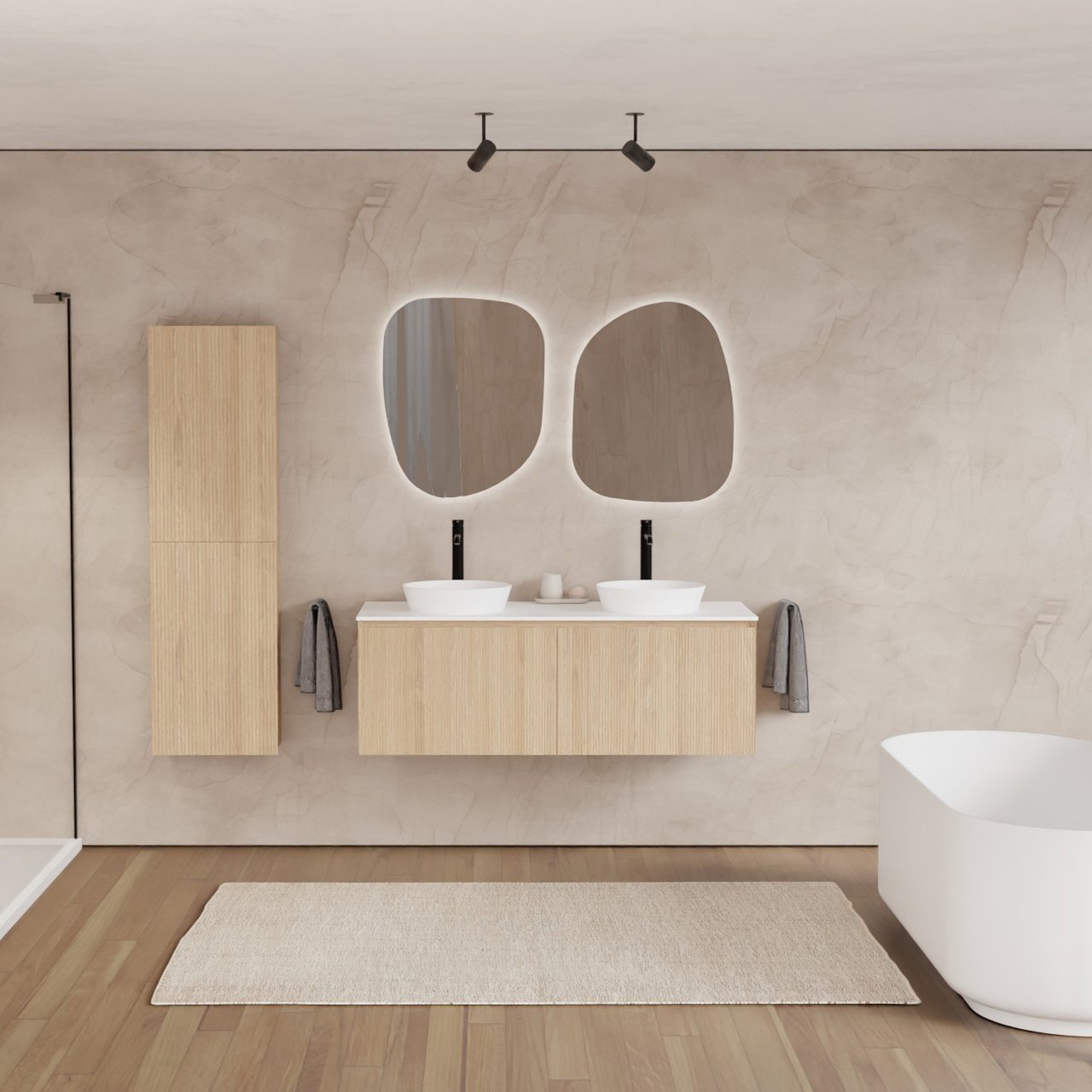 Balmani Fila meuble salle de bains suspendu 135 x 55 cm chêne naturel avec Stretto tablette simple ou double en solid surface blanc mat, Nervure droite symétrique verticale