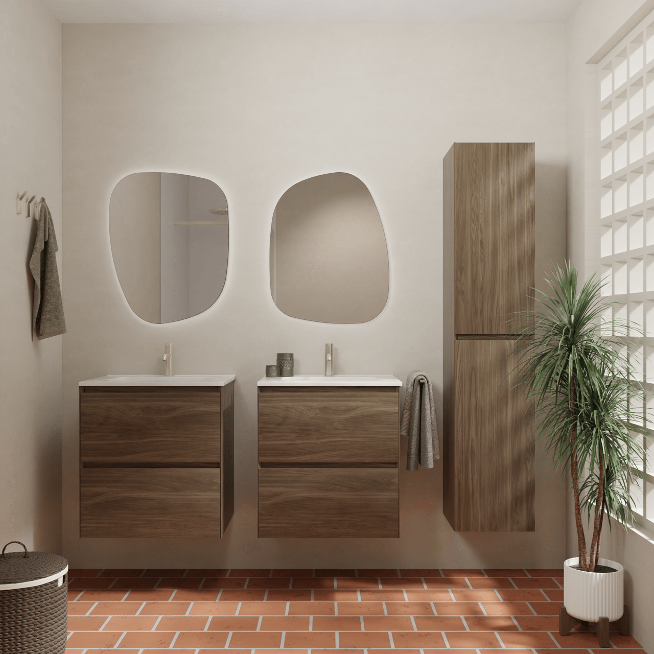 Balmani Mitra Compact hängendes Möbelstück Set: 60 x 46 cm, Amerikanischer Nussbaum, mit Nostra Einzelwaschtisch Porzellan glänzend Weiβ