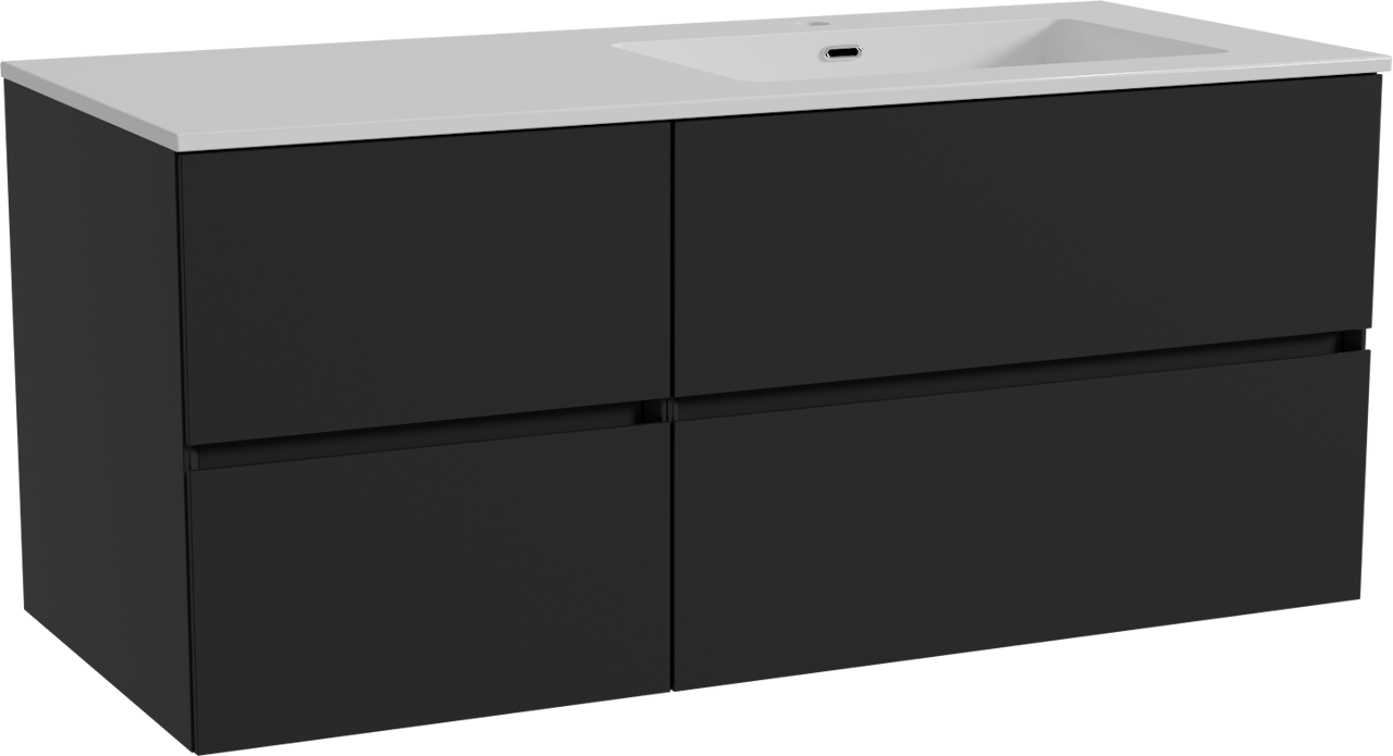 Storke Edge hängendes Möbelstück Set: 120 x 52 cm, Schwarz matt, mit Diva Waschtisch rechts, Marmorkomposit Weiß glänzend