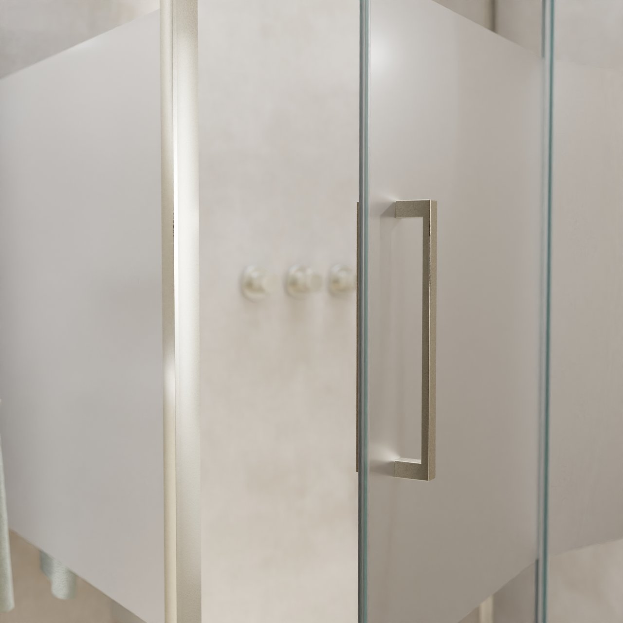 Balmani Senses Design Eckdusche: Drehtür (Rechts) mit fixierte Seitenwand, 140 x 80 cm, Klarglas mit mattiertem Streifen, Profil Brushed CoolMetal, inklusive Coating