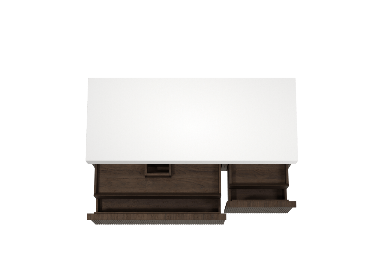 Balmani Forma meuble salle de bains suspendu 135 x 55 cm chêne fumé avec Dominus tablette simple ou double en solid surface blanc mat, Nervure droite symétrique verticale