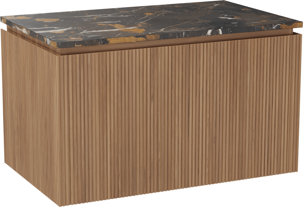 Balmani Eclips meuble salle de bains suspendu 90 x 55 cm Teck avec Stretto tablette simple en Portoro Gold marbre, Nervure droite symétrique verticale