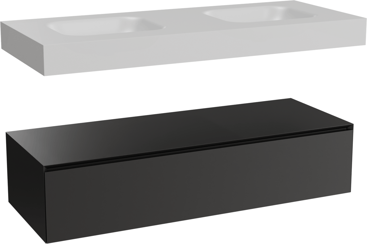 Balmani Mitra Elements zwevend badkamermeubel 135 x 55 cm mat zwart met Arcato dubbele wastafel in solid surface mat wit