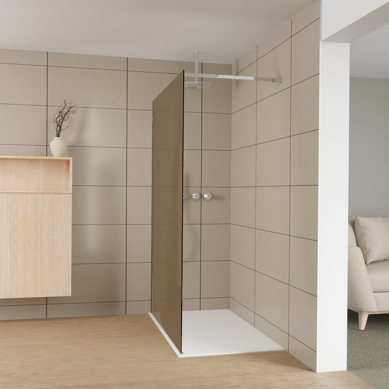 Balmani Modular Walk-In Dusche: 140 x 200 cm, Bronze Glas, Profil Chrom glänzend
