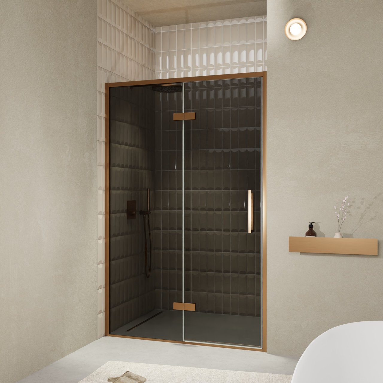 Balmani Senses Design porte pivotante à gauche 140 cm x 210 cm verre fumé, Profil Brushed Rosegold, coating inclus