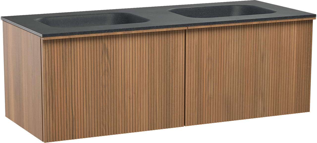 Balmani Forma zwevend badkamermeubel 135 x 55 cm teak met Tablo Arcato dubbele wastafel in graniet zwart, Verticale symmetrische rechte ribbel