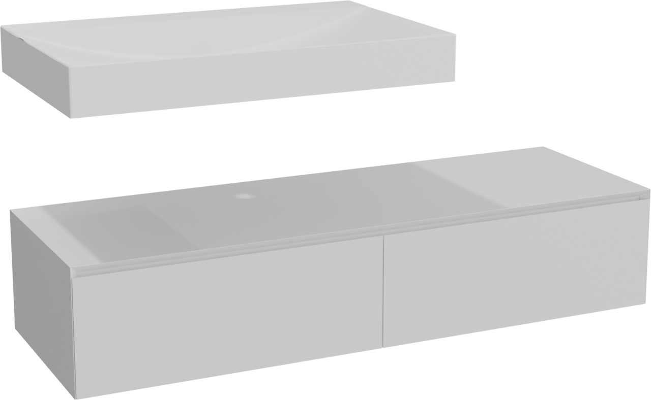 Balmani Mitra Elements hängendes Möbelstück Set: 150 x 55 cm, Weiß matt mit Wave Einzelwaschtisch 90 cm, Solid Surface Weiß matt