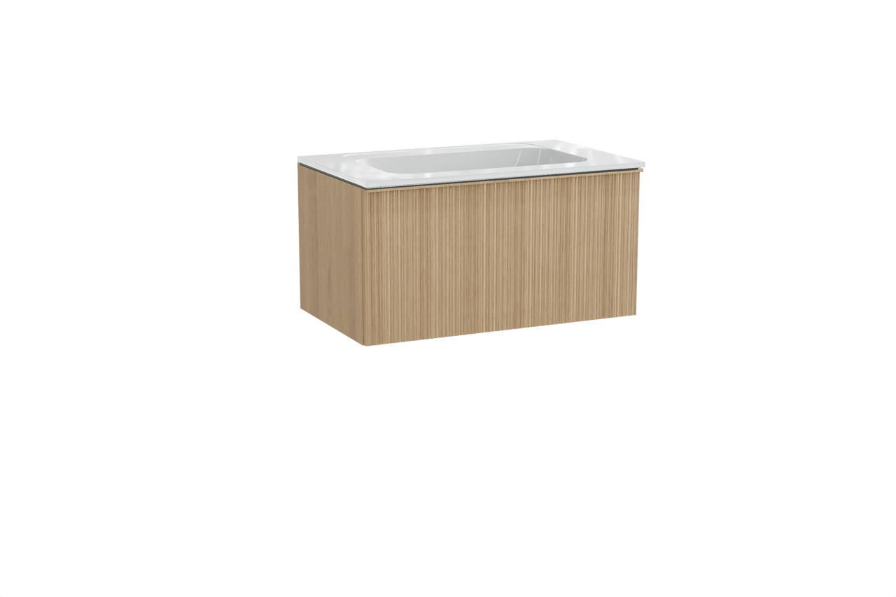 Balmani Forma hängendes Möbelstück Set: 90 x 55 cm, Naturbelassene Eiche, mit Tablo Strada Einzelwaschtisch, Marmorkomposit, Weiß glänzend, Vertikale asymmetrische Runde Rippe