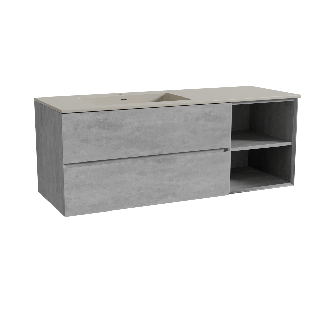 Storke Edge zwevend badmeubel 140 x 52 cm beton donkergrijs met Diva asymmetrisch linkse wastafel in top solid zijdegrijs