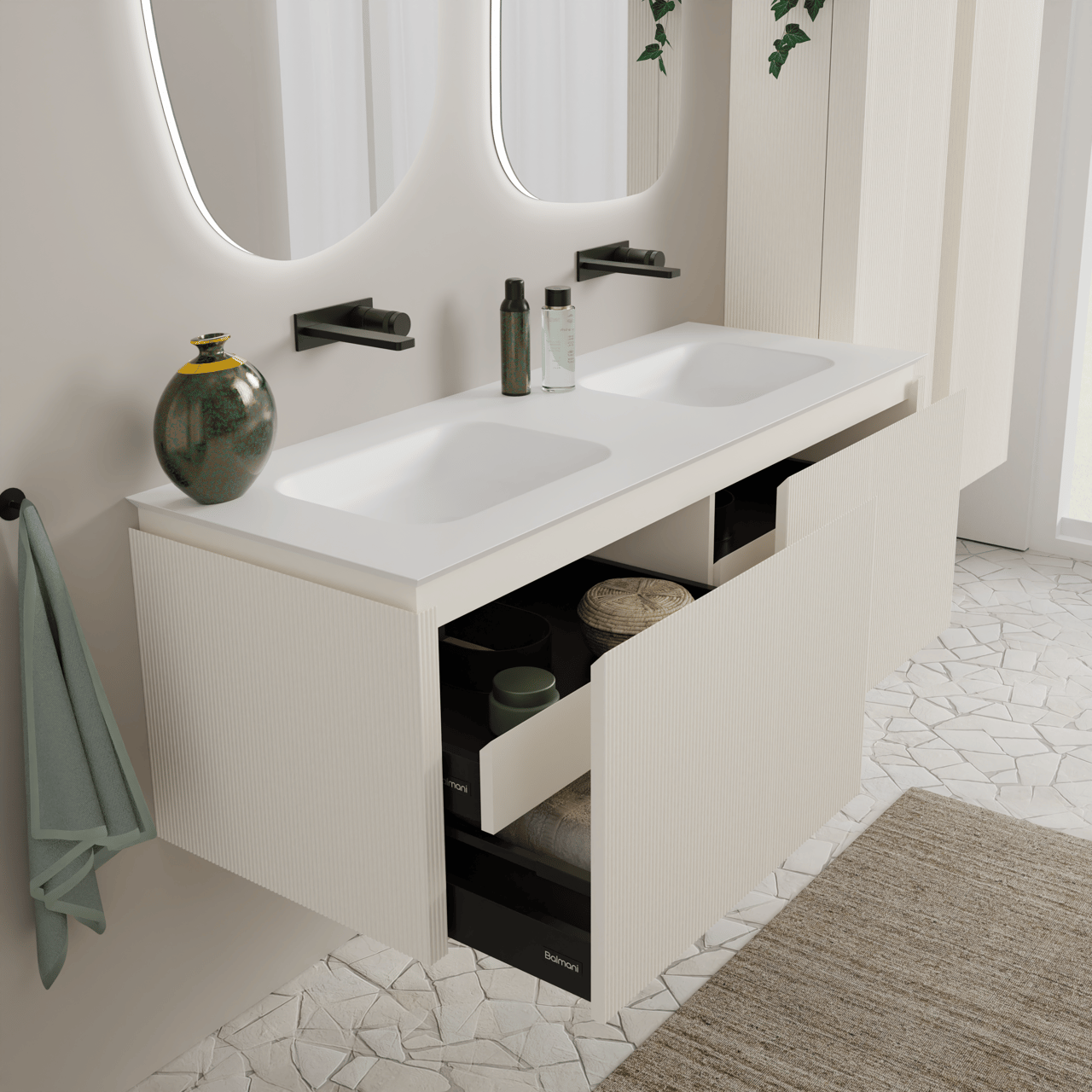 Balmani Eclips dubbele wastafel mat witte Solid Surface 150 x 55 cm