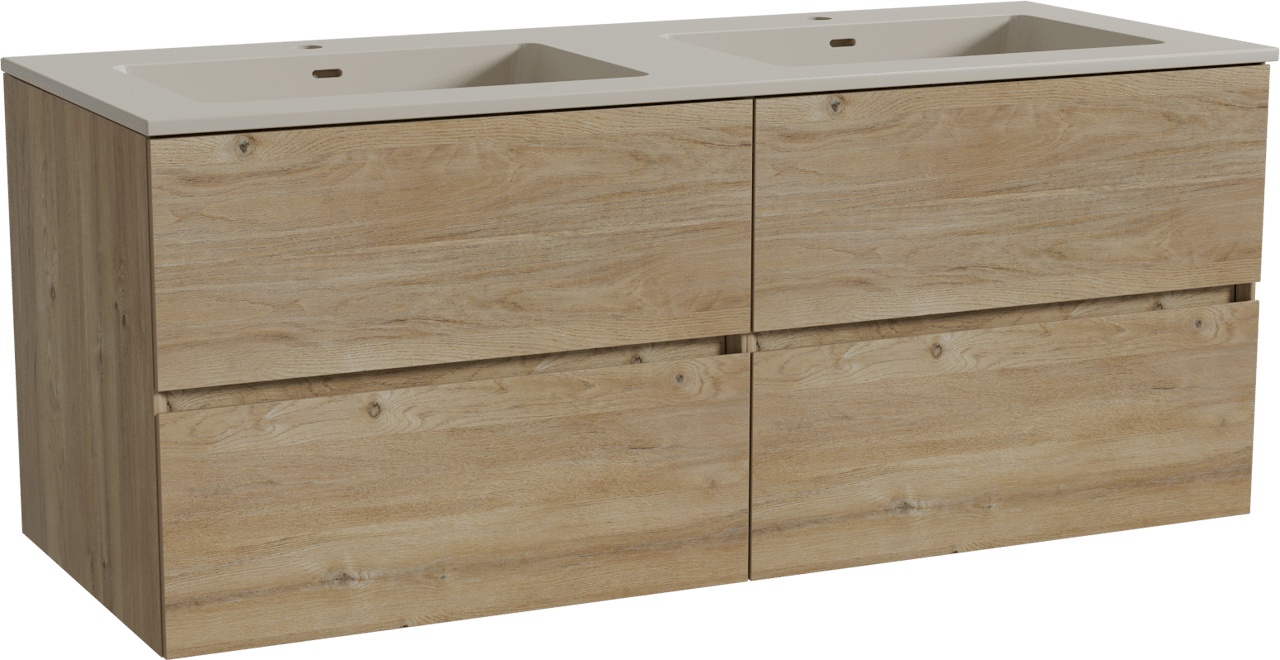 Storke Edge meuble salle de bains suspendu 130 x 52 cm chêne brut avec Diva double vasque en top solid soie grise