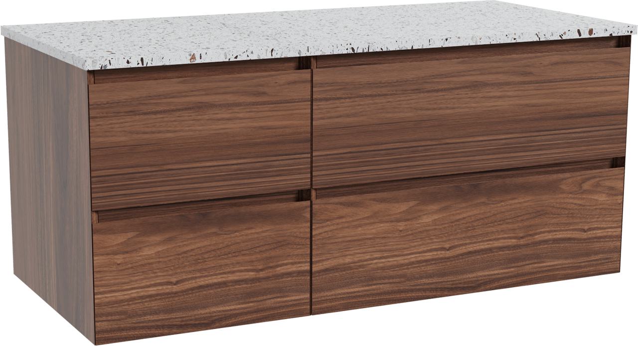 Balmani Mitra meuble salle de bains suspendu 120 x 55 cm noyer avec Stretto tablette simple ou double en blanc/noir mat terrazzo