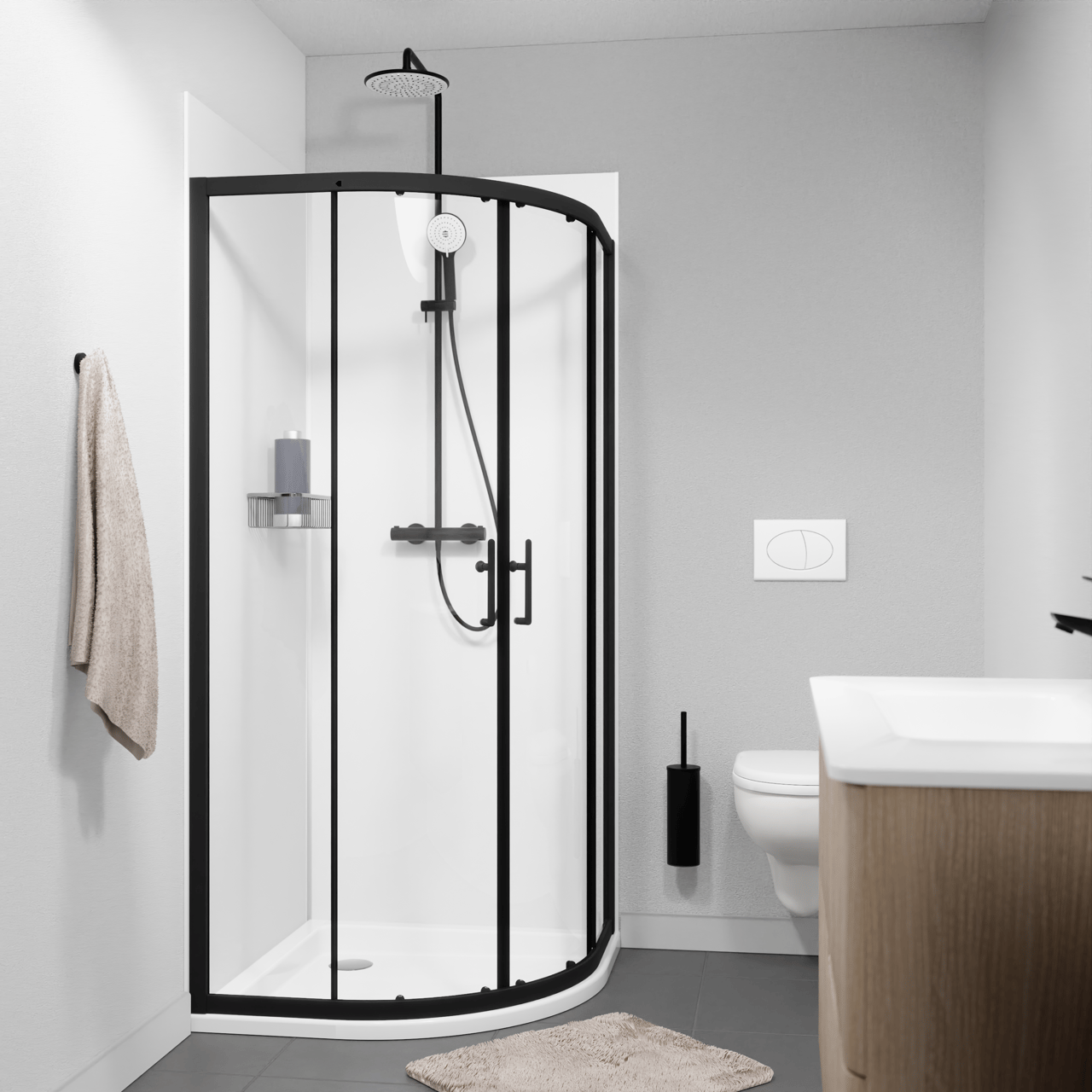 Linie Cadiz douchehoek met hoekinstap met dubbel schuifdeur kwartrond 90 x 90 cm helder glas mat zwart profiel