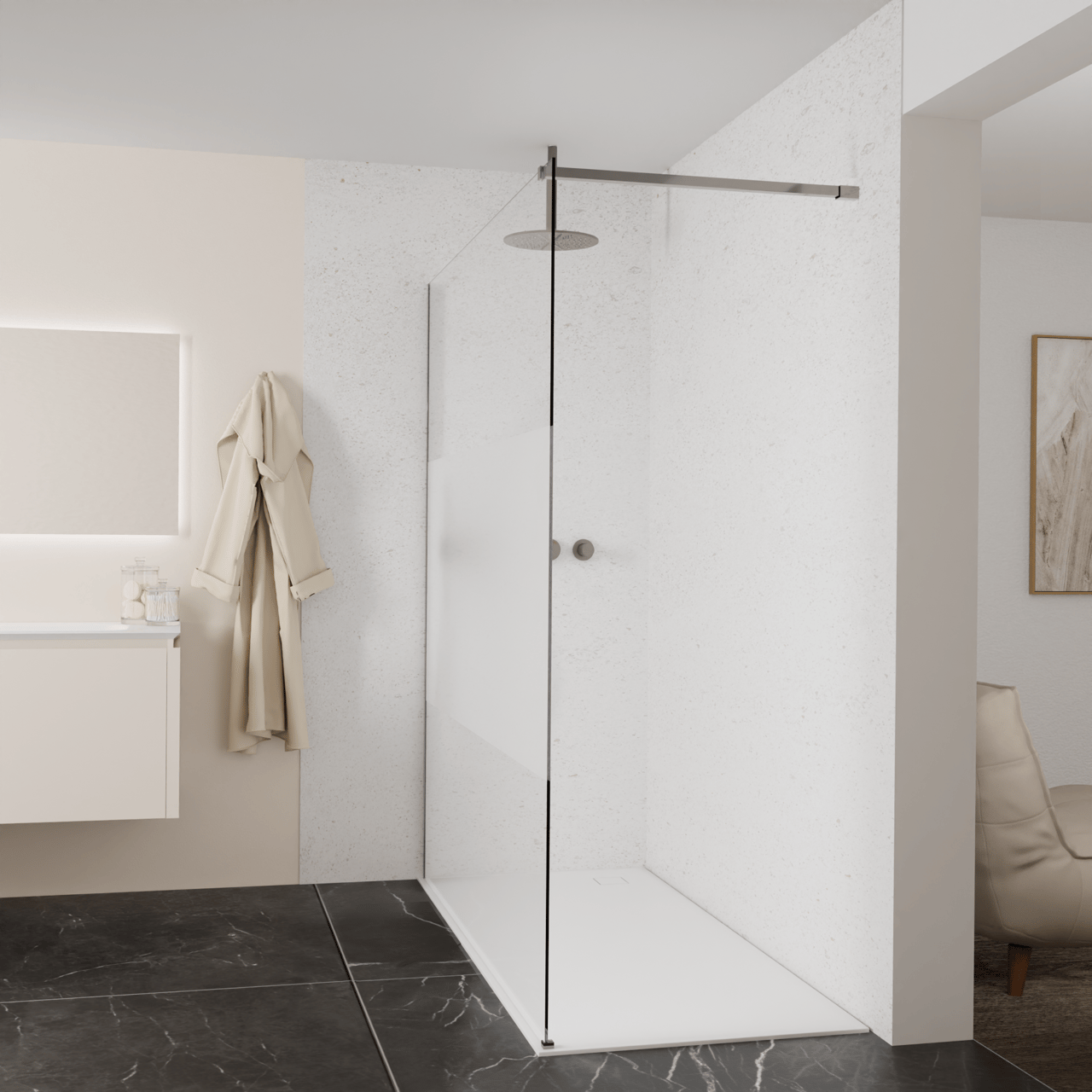 Balmani Modular inloopdouche: 180 x 200 cm, Helder glas met matte strook, Brushed GunMetal profielen