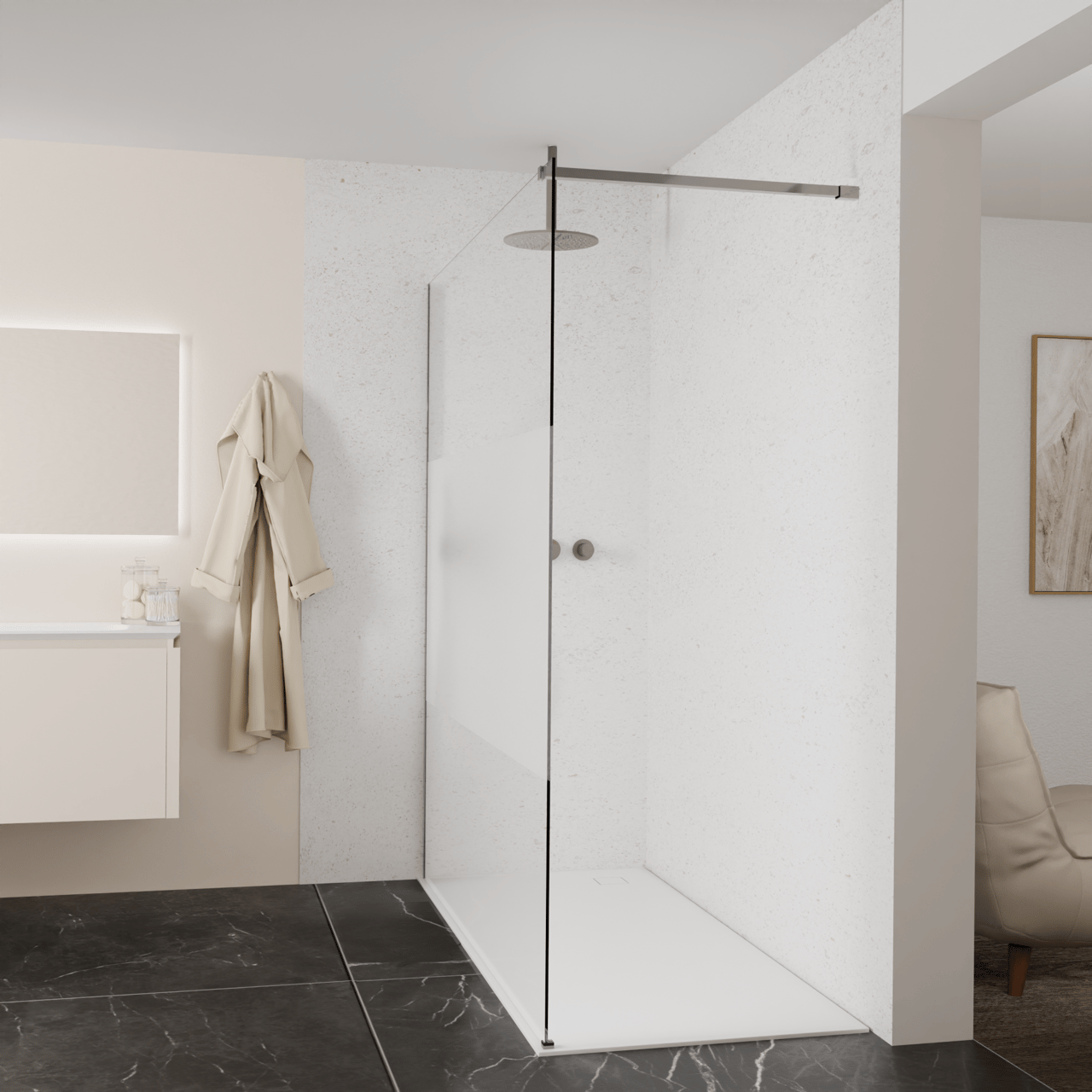 Balmani Modular Walk-In Dusche: 180 x 200 cm, Klarglas mit mattiertem Streifen, Profil Brushed GunMetal