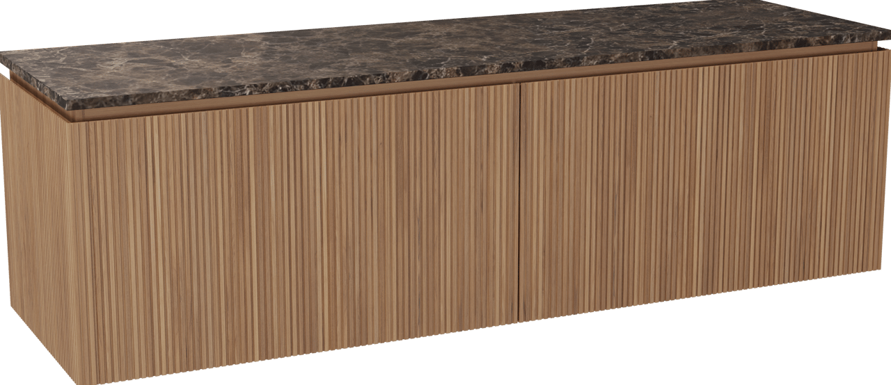 Balmani Eclips zwevend badmeubel 180 x 55 cm Teakhout met Stretto enkel of dubbel wastafelblad in Dark Emperador marmer, Verticale symmetrische rechte ribbel