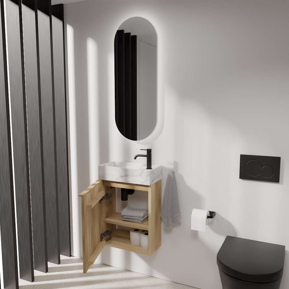 Balmani Forma meuble wc suspendu 42 x 21 cm chêne naturel avec Dama lavabo en marbre Carrara