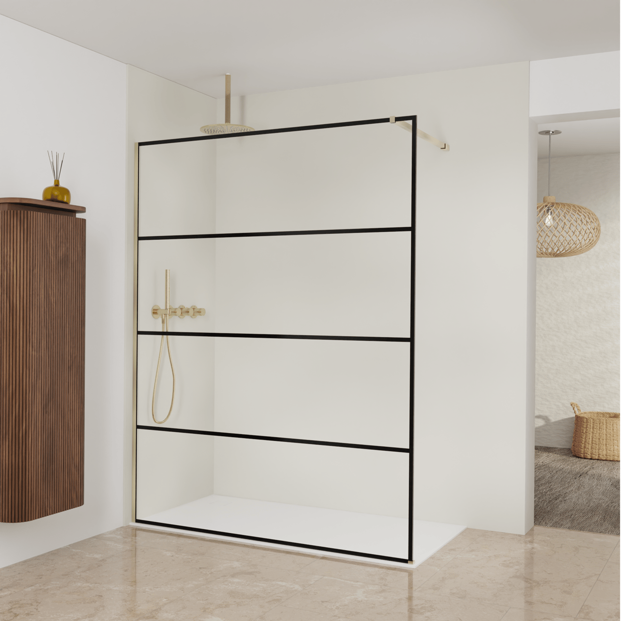 Balmani Modular Walk-In Dusche: 160 x 200 cm, Lined, inklusive Coating, Profil Brushed Champagne Gold