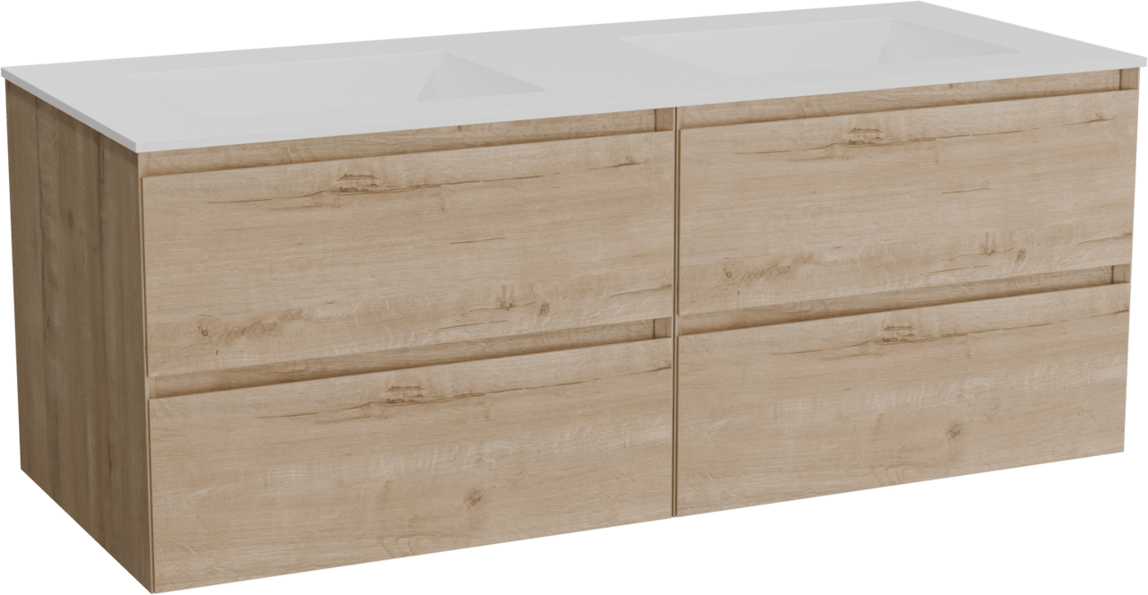 Balmani Mitra hängendes Möbelstück Set: 135 x 55 cm, Rohe Eiche, mit Tablo Stretto Doppelwaschtisch, Solid Surface Weiß matt