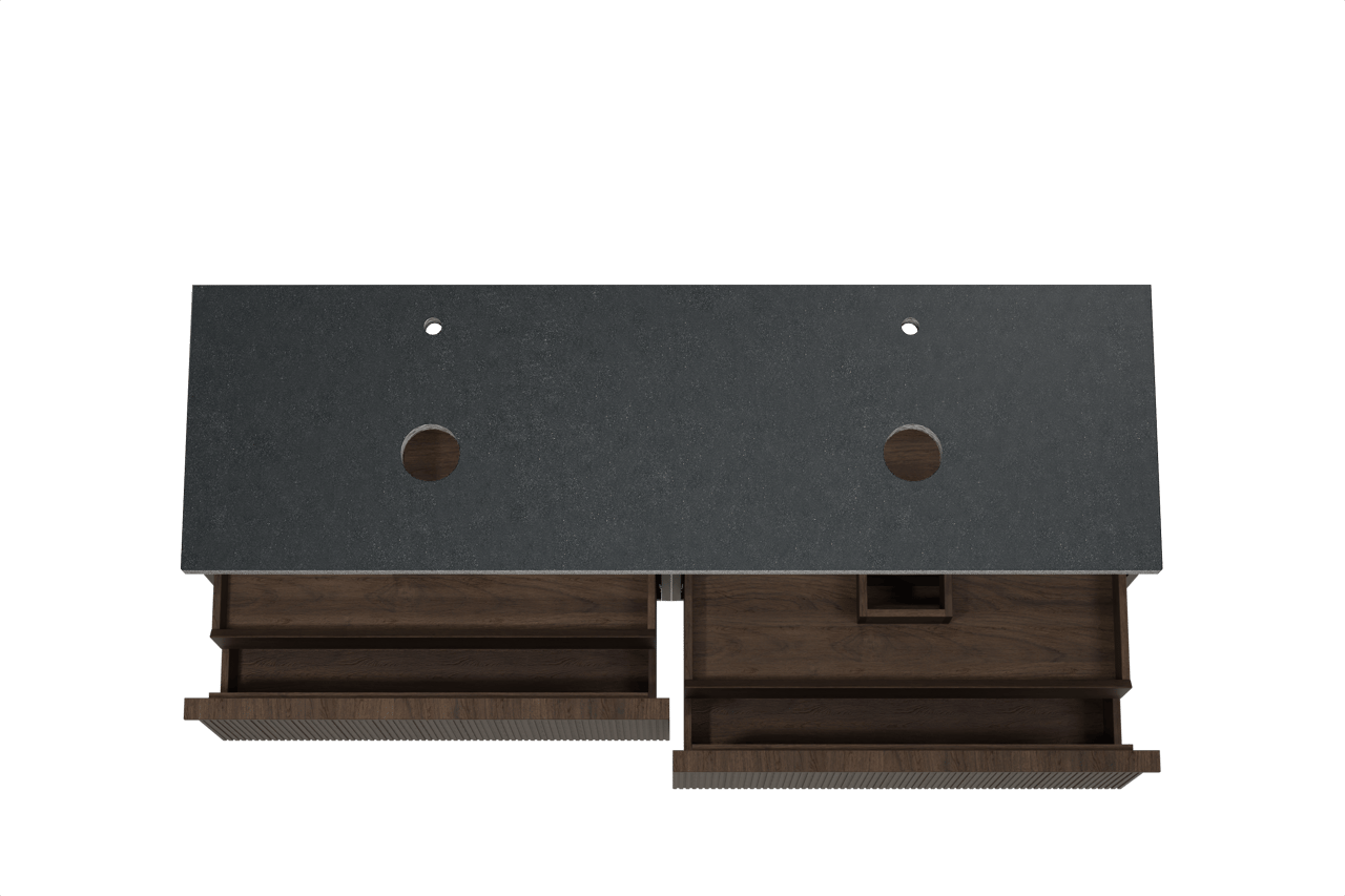 Balmani Forma hängendes Möbelstück Set: 180 x 55 cm, Geräucherte Eiche, mit Rock Doppel Waschtischplatte, Granit, Schwarzes Granit, Vertikale symmetrische gerade Rippe