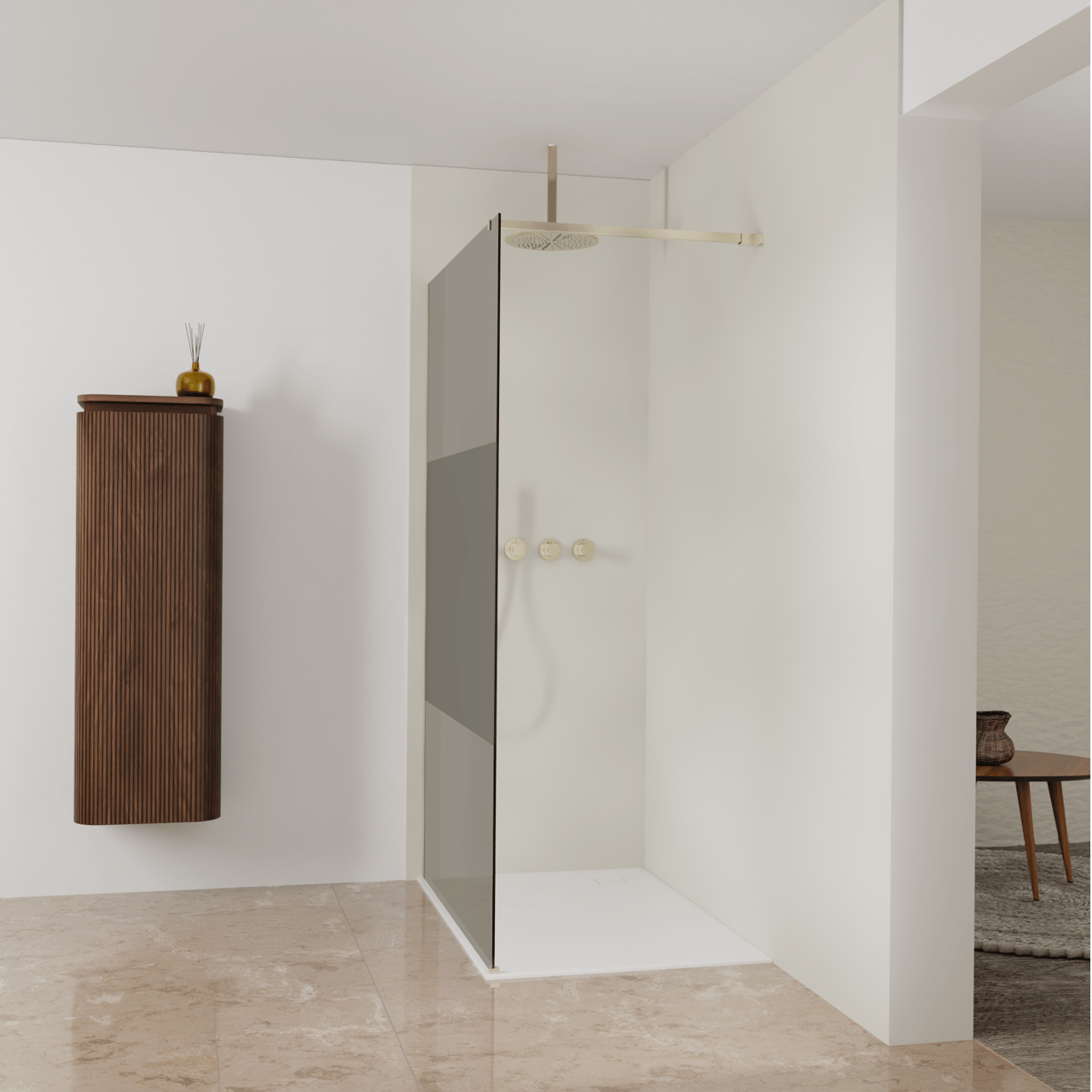 Balmani Modular douche à l'italienne: 120 x 200 cm, Verre fumé avec bande mate, avec coating, Profil Brushed Champagne Gold