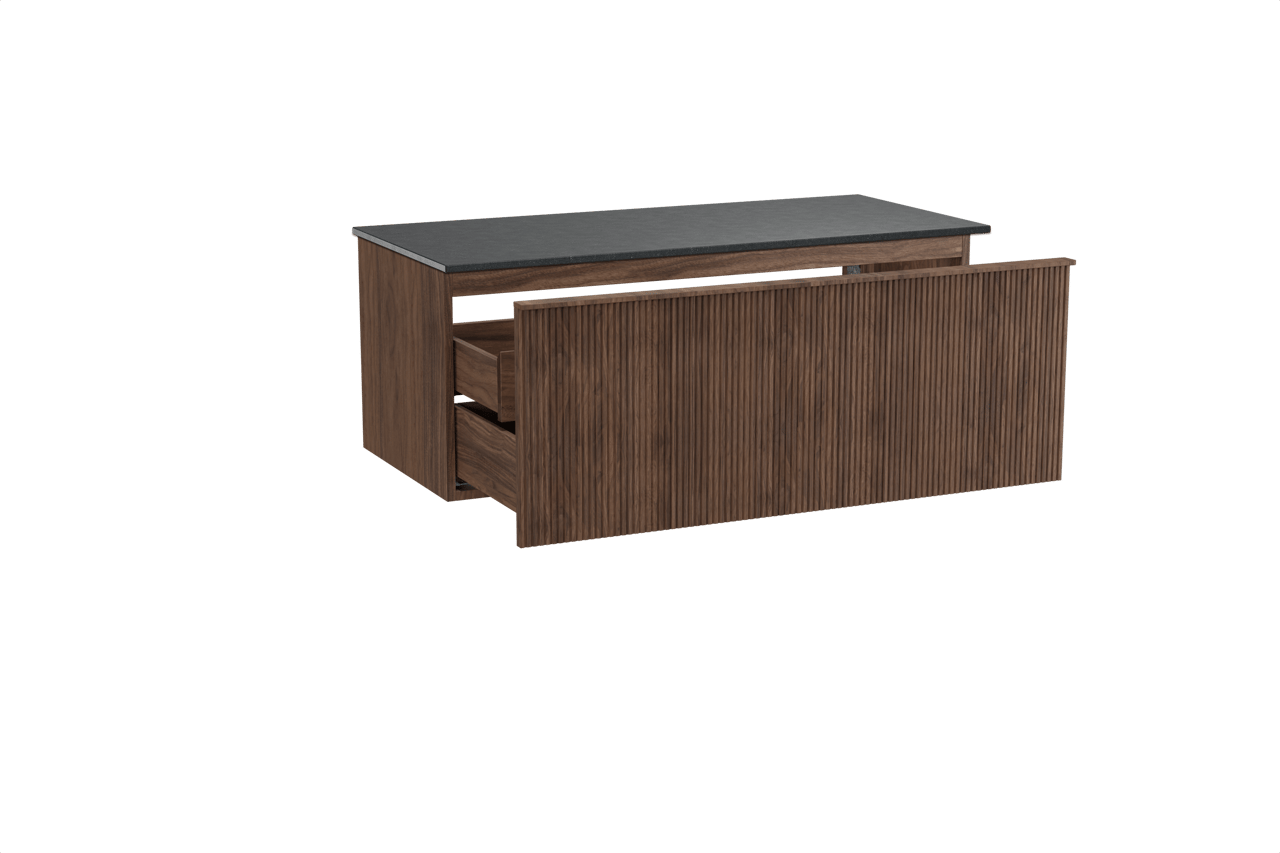 Balmani Forma hängendes Möbelstück Set: 120 x 55 cm, Amerikanischer Nussbaum, mit Stretto Einzel Waschtischplatte, Granit, Schwarzes Granit, Vertikale symmetrische gerade Rippe