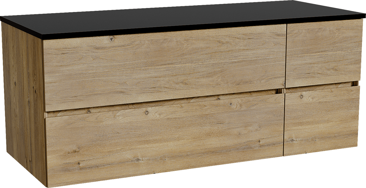 Storke Edge zwevend badkamermeubel 130 x 52 cm ruwe eik met Panton enkel of dubbel tablet in gepoedercoate mdf mat zwart