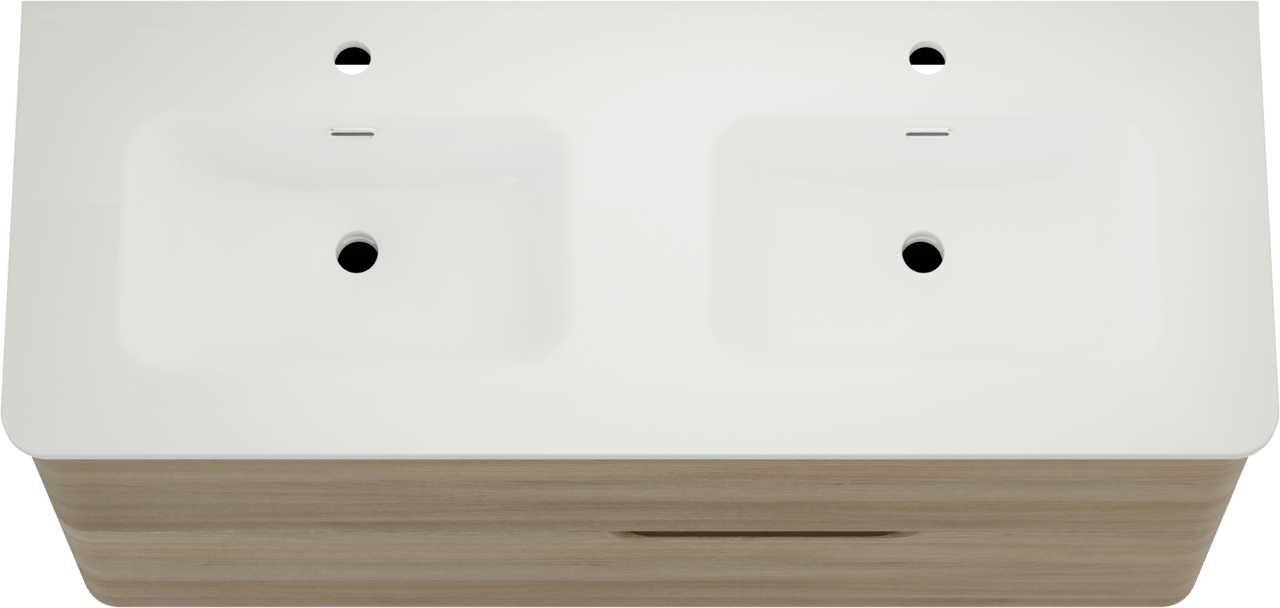 Linie Curvo hängendes Möbelstück Set: 120 x 46 cm, Eiche Hell, mit Baro Curvo Doppelwaschtisch Keramik Weiβ glänzend