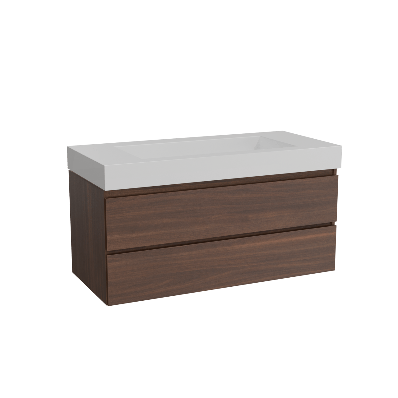 Balmani Lucida hängendes Möbelstück Set: 120 x 55 cm, Amerikanischer Nussbaum, mit Modus Einzelwaschtisch für 2 Armaturenlöcher, Solid Surface Weiß matt