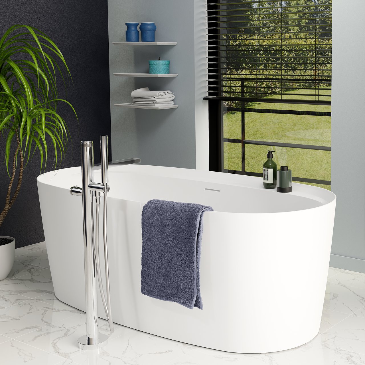 Luca Varess Sutilo ovaal vrijstaand bad 160 x 75 cm acryl Hoogglans Wit met geïntegreerde legplank