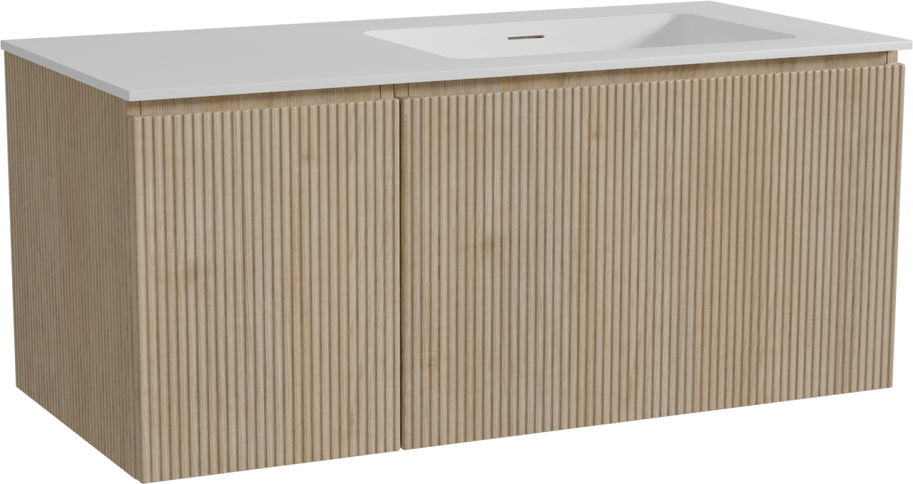 Storke Ribs hängendes Möbelstück Set: 110 x 52 cm, Rohe Eiche, mit Mata Waschtisch rechts, Solid Surface, Weiß matt, Vertikale symmetrische gerade Rippe